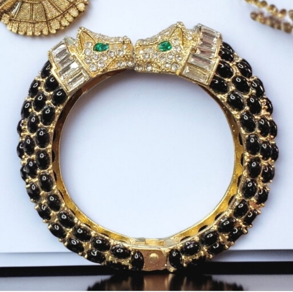 Chunky Gold Panther Cabochon Crystal Clamper Bracelet